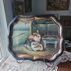 Vtg Extra Large Tole Metal Tray Rabbits Hares Bunny Country Scene 22x 17.5" RARE